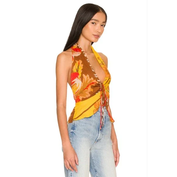 Free People Hot Tropics Tank Top XS Floral Print Halter Yellow Boho Chic New - Picture 2 of 5